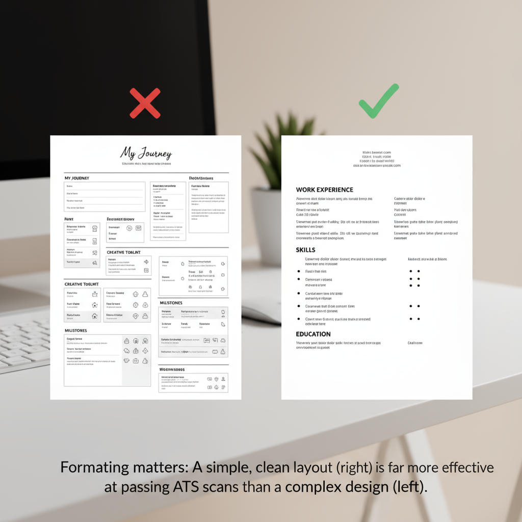 A simple, clean resume layout contrasted with a cluttered, complex one.